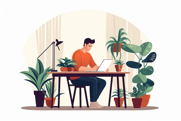 A man sits at a desk with a laptop and a plant on it.