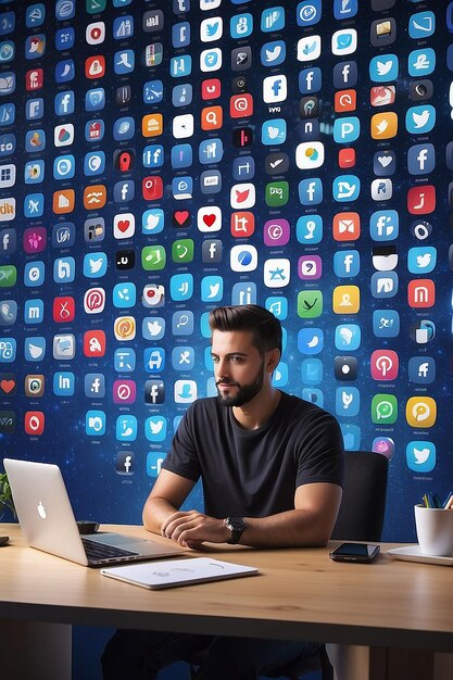 A man sits at a desk with a laptop and a wall of social media icons behind him