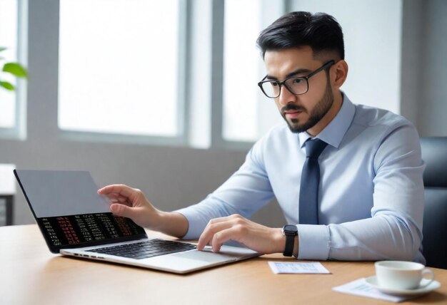 Photo a man sits at a desk with a laptop