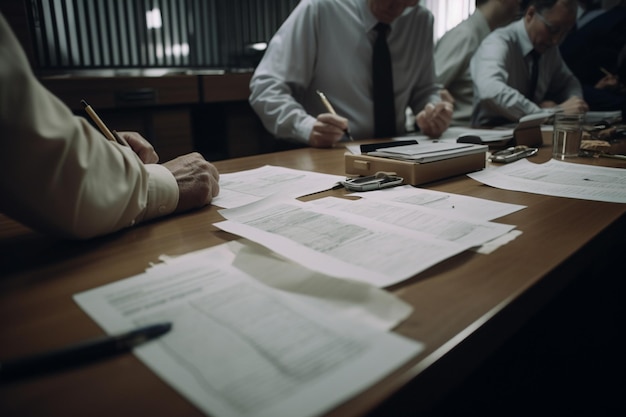 Photo a man sits at a desk with papers on it and a man in a tie sits at a desk with a pen and a pen.