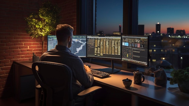 a man sits at a desk with two monitors and a keyboard