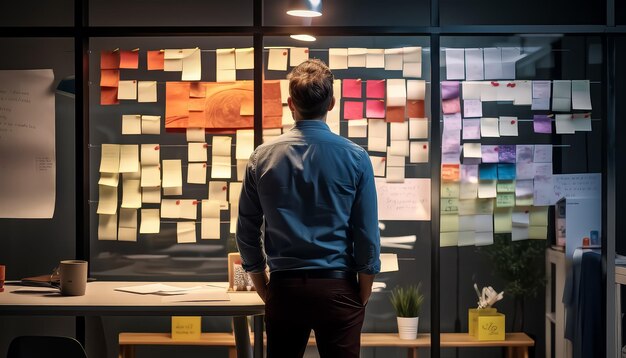 Photo a man sits at a desk with a whiteboard behind him