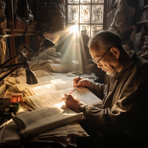 a man sits at a desk writing in a notebook.