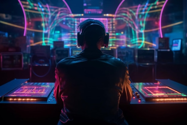 A man sits at a dj booth with neon lights on the wall behind him.