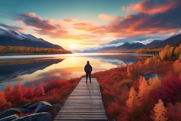 A man sits on a dock in front of a mountain at sunset