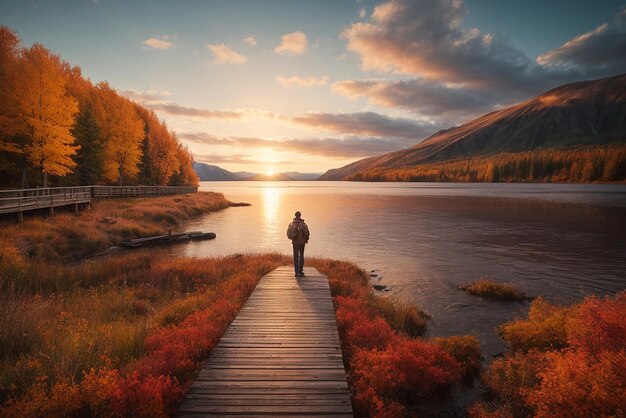 A man sits on a dock in front of a mountain at sunset