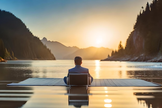 A man sits on a dock in front of a sunset.