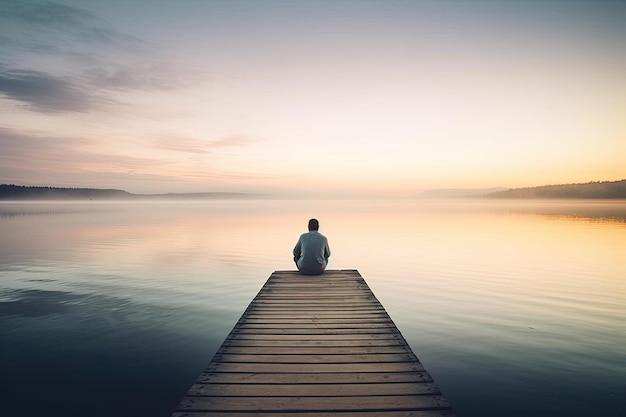A man sits on a dock looking out into the water at a sunset.
