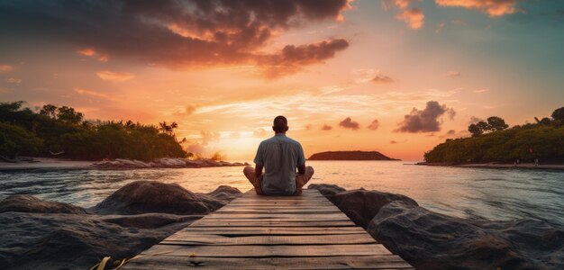 Man sits at dock and looks at the sea in the sunset hour Generative AI