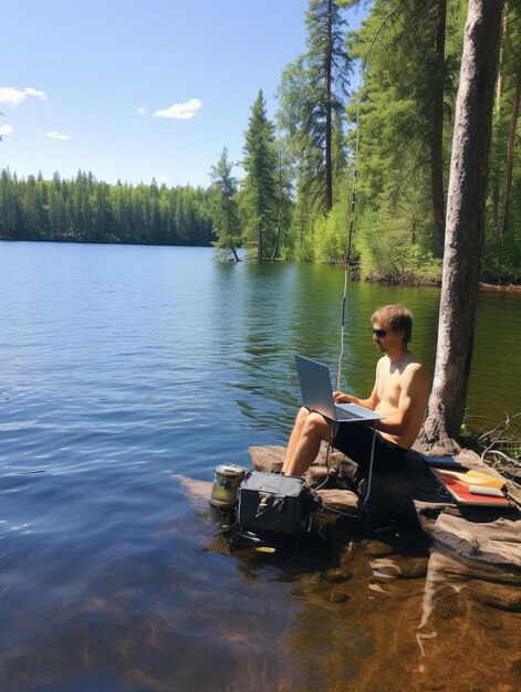 a man sits on a dock with a laptop and a fish in his hand.