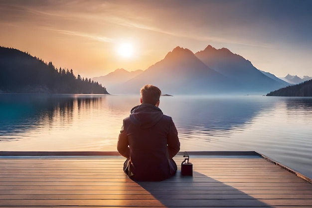 Photo a man sits on a dock with mountains in the background.