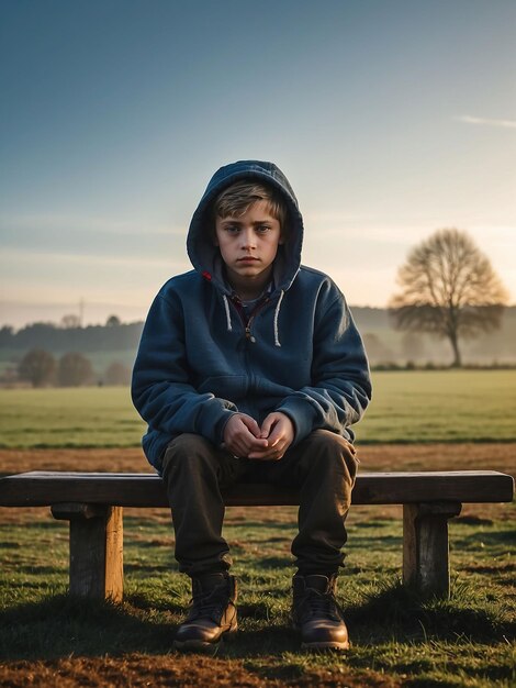 A man sits on the edge of a field wearing a hoodie on a winter morning