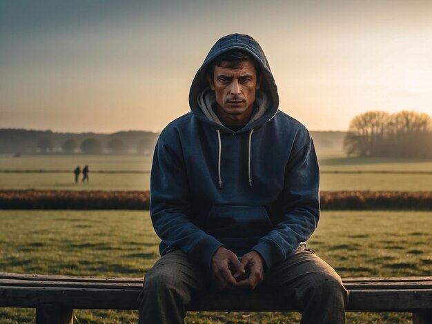 A man sits on the edge of a field wearing a hoodie on a winter morning