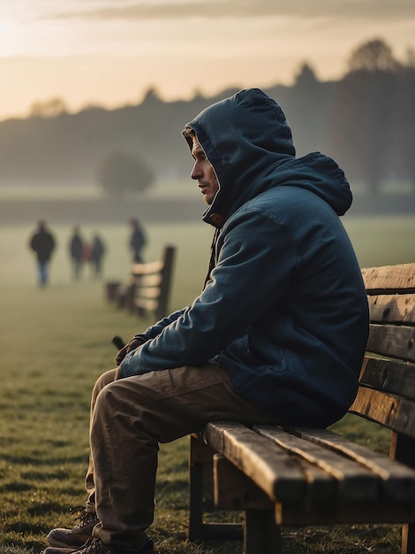 A man sits on the edge of a field wearing a hoodie on a winter morning