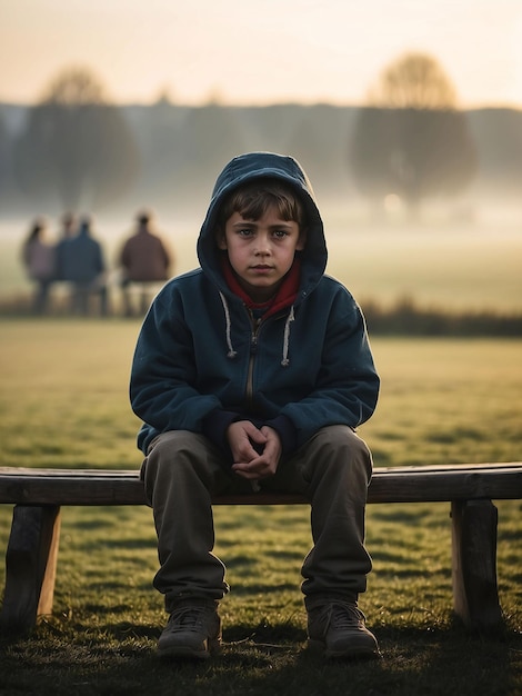 A man sits on the edge of a field wearing a hoodie on a winter morning