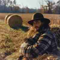 Photo a man sits in a field with hay bales