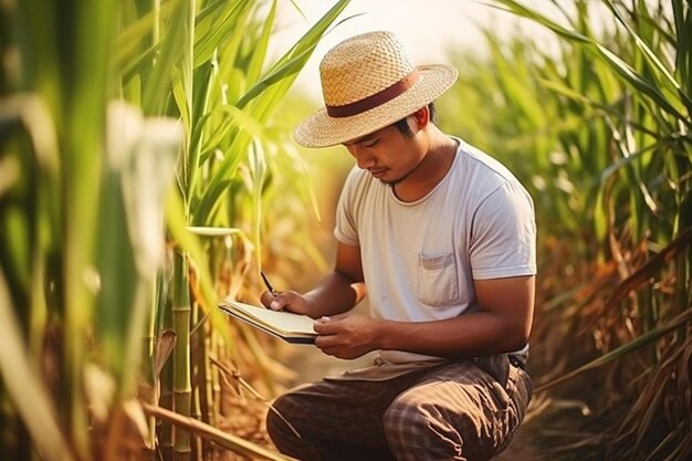 Photo a man sits in a field with a pencil and writing on his notebook