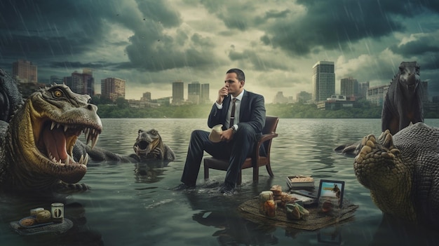 A man sits in a flooded area with a city in the background.