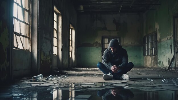 A man sits on the floor in an abandoned building with a piece of paper on it.