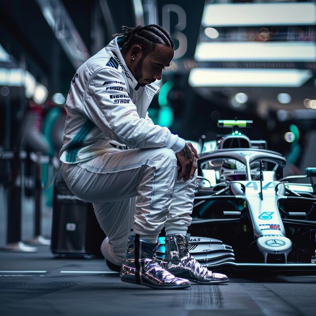 Photo a man sits on the floor in front of a race car