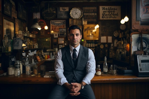 A man sits in front of a bar with a sign that says " wild west ".