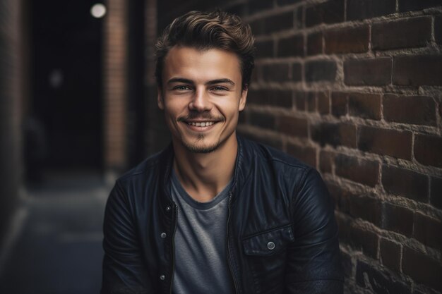 A man sits in front of a brick wall with a smile on his face.