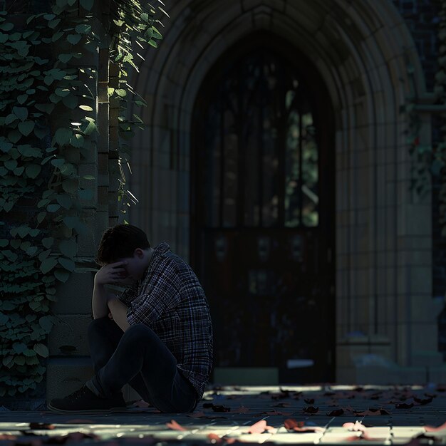 Photo a man sits in front of a building with a shirt that says  no