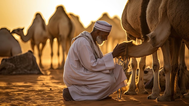 a man sits in front of a camel and watches a camel.