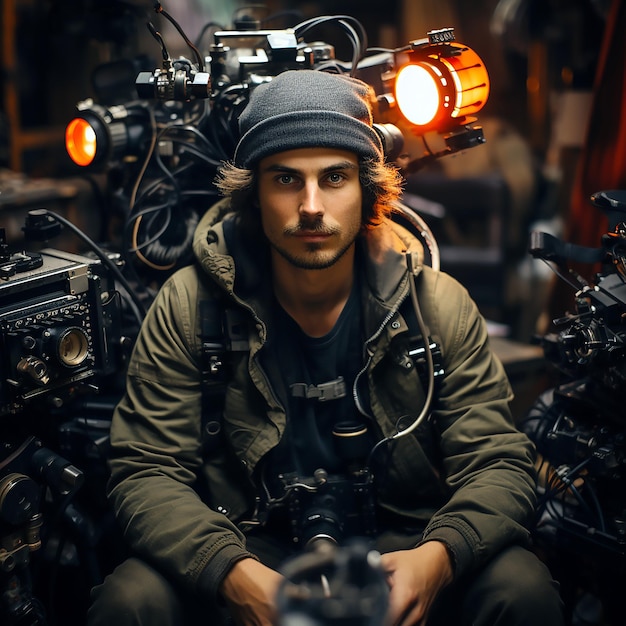 Photo a man sits in front of a camera