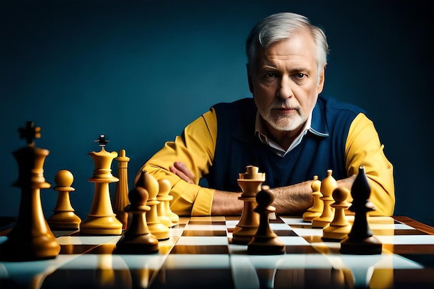 A man sits in front of a chess board with a chess piece in the background.