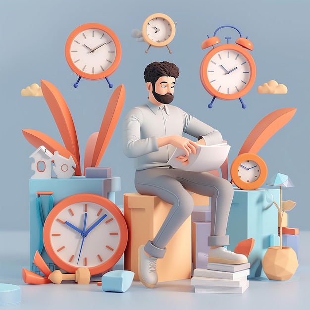 a man sits in front of a clock with the words  the time  on it