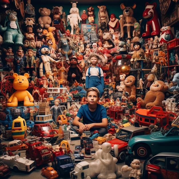 a man sits in front of a collection of toys.