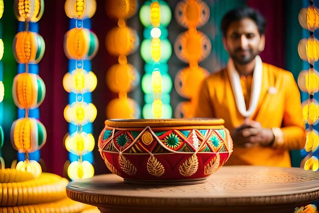 Photo a man sits in front of a colorful bowl with the word  h  on it