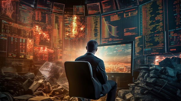 男性がサイバーセキュリティと表示されたコンピューター画面の前に座っています。