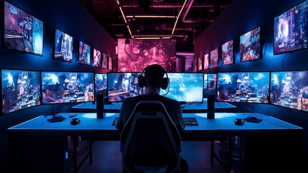 A man sits in front of a computer screen with the words the future on the screen