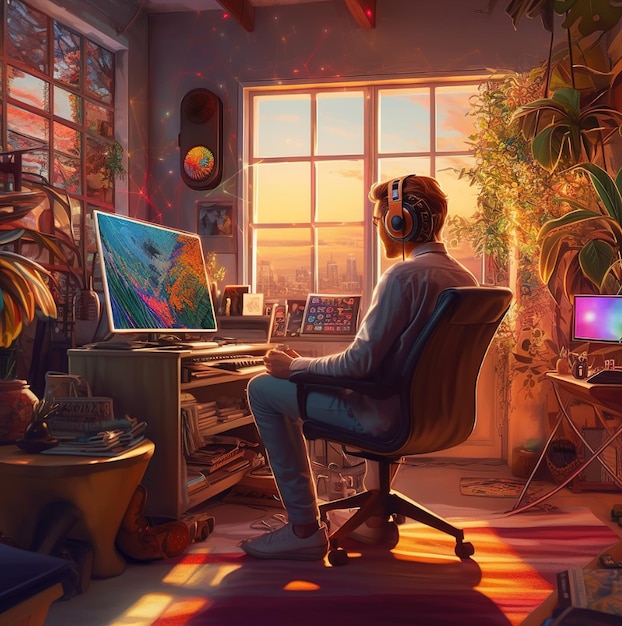 Мужчина сидит перед компьютером с красочным фоном.