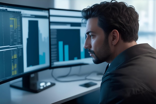 A man sits in front of a computer with a graph on the top of it.