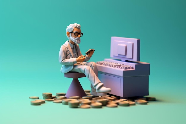 a man sits in front of a computer with a lot of money.