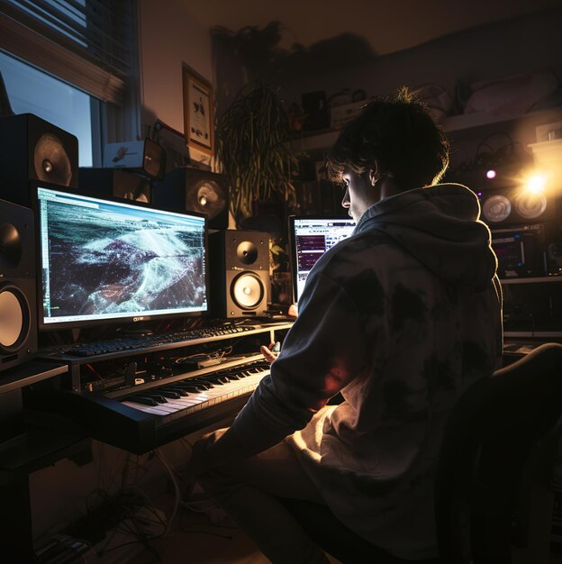 a man sits in front of a computer with a monitor that says wild animal on it.