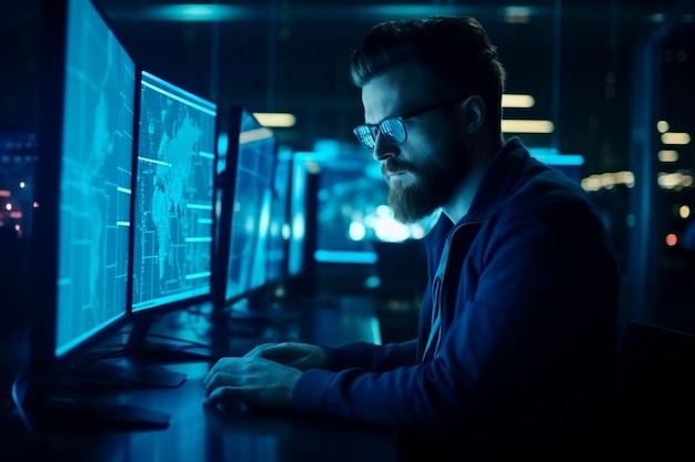 A man sits in front of computers Generative AI