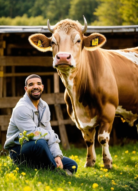 Photo a man sits in front of a cow that has a tag on it