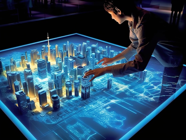 Photo a man sits in front of a futuristic hologram map