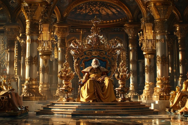 a man sits in front of a gold and gold statue