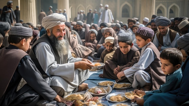 Foto un uomo siede di fronte a un gruppo di persone che mangiano cibo.
