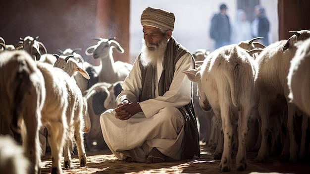 a man sits in front of a herd of goats.