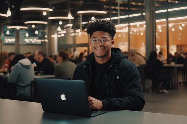 Photo a man sits in front of a laptop with the apple logo on it