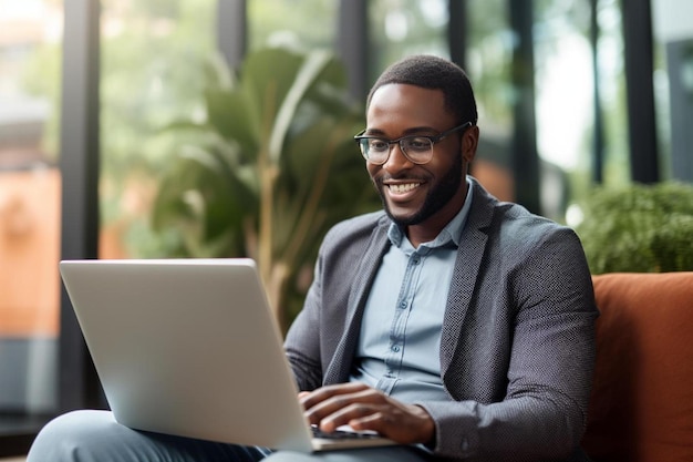 a man sits in front of a laptop with a smile on his face