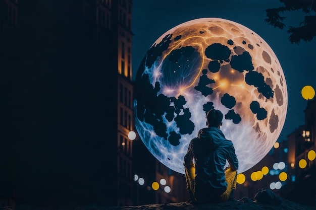 A man sits in front of a moon that is lit up at night