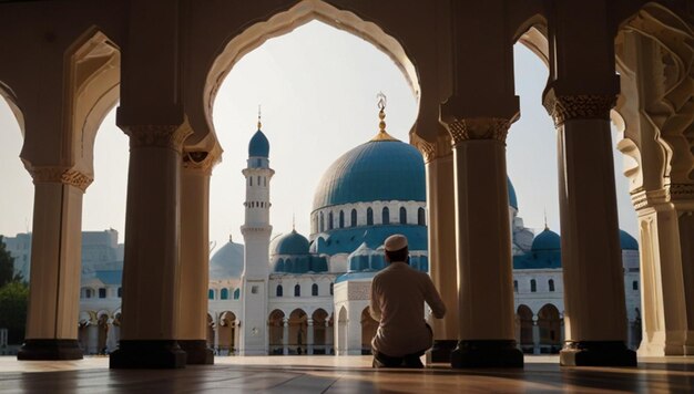 a man sits in front of a mosque with a blue dome and a blue dome