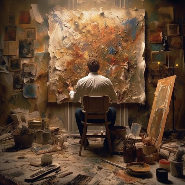 Человек сидит перед картиной под названием " Художник "